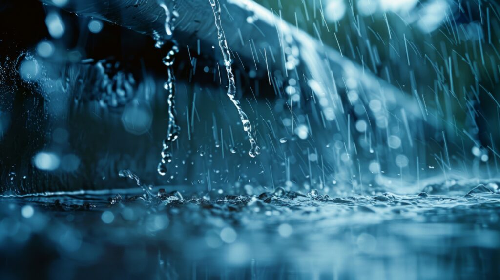 Rainwater flowing from roof gutter urban rainfall